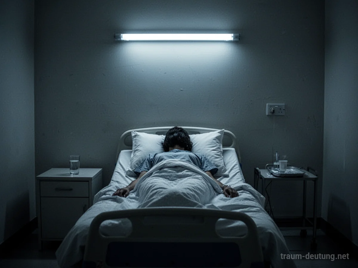 Traumdeutung Patient: Eine einsame Figur liegt auf einem weißen Krankenhausbett unter kühlem Licht, die Rückseite des Kopfes sichtbar, was Introspektion und Verletzlichkeit andeutet.