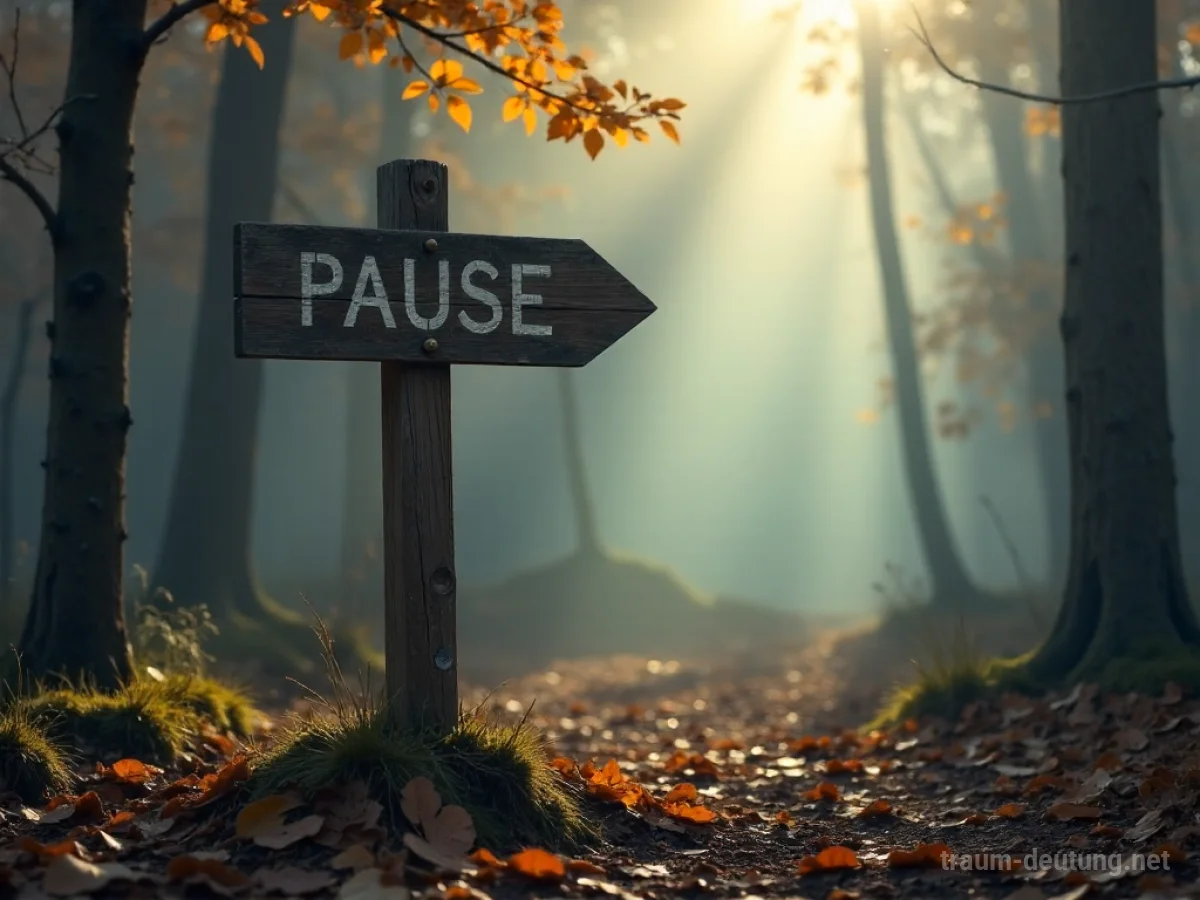 Traumsymbol Pause: Ein einsames Holzschild mit der Aufschrift 'Pause' steht in einem nebligen Waldlichtung, umgeben von Herbstlaub.