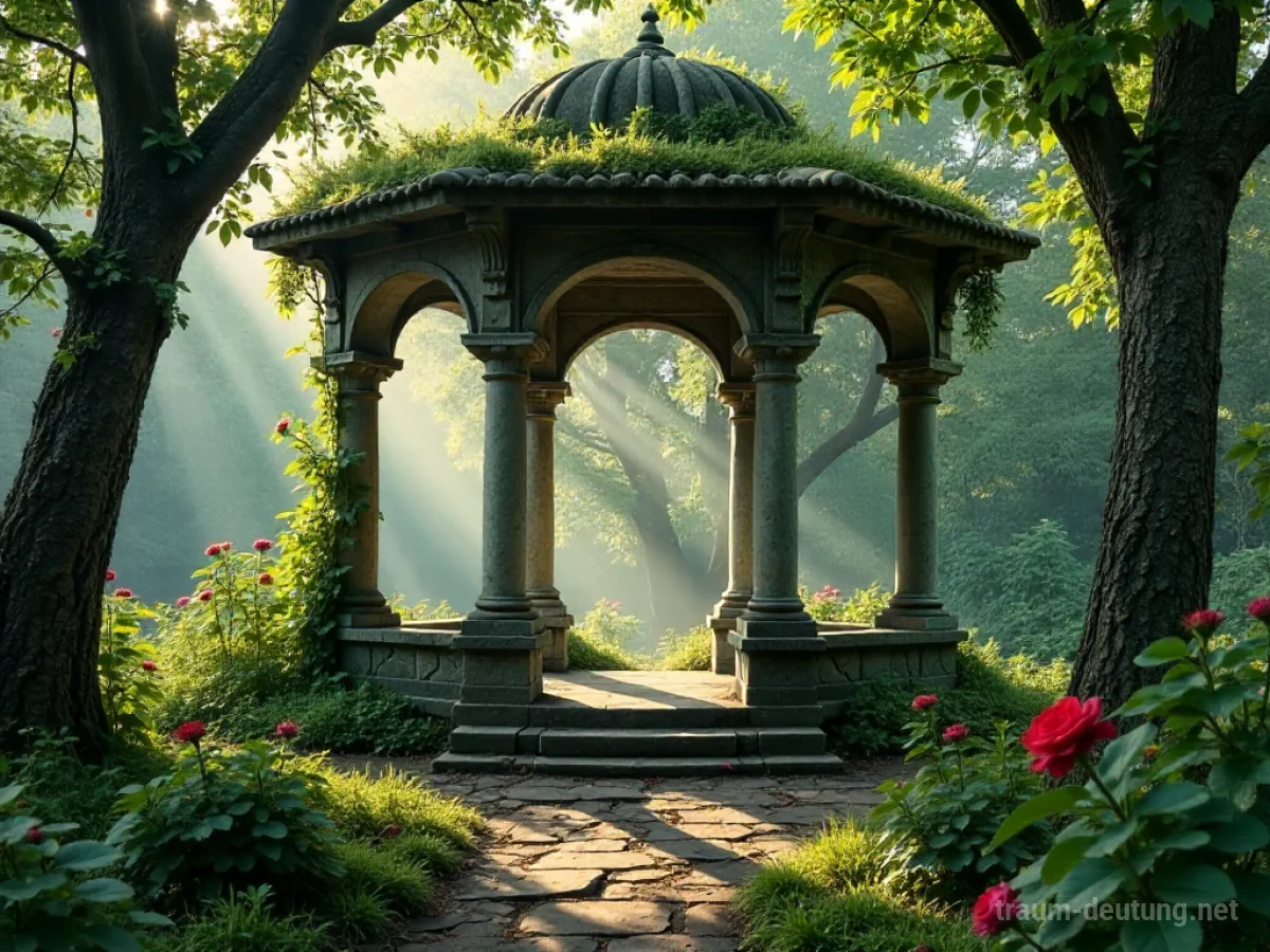 Traumsymbol Pavillon: Ein alter Steinpavillon in einem verwilderten Garten, umrankt von Rosen, im sanften Licht des Waldes.