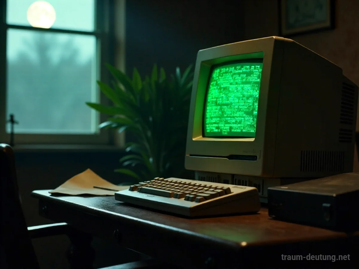 Traumdeutung PC: Ein alter, beiger Desktop-Computer steht auf einem dunklen Schreibtisch im Mondlicht, der Monitor zeigt flackernden grünen Text.