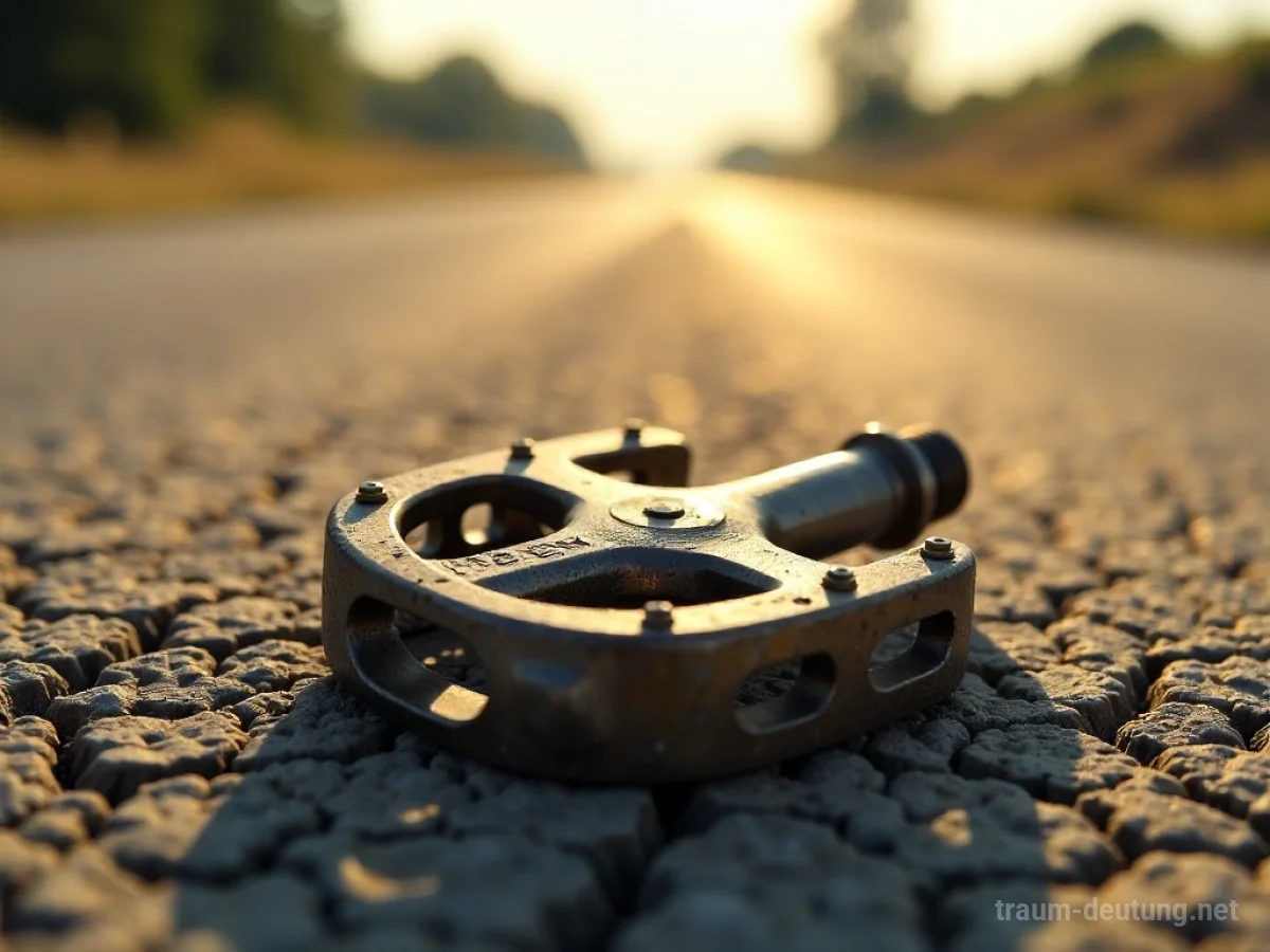 Traumsymbol Pedal: Ein verwittertes Metall-Fahrradpedal liegt auf einer staubigen, rissigen Asphaltstraße, beleuchtet von scharfen Sonnenstrahlen.