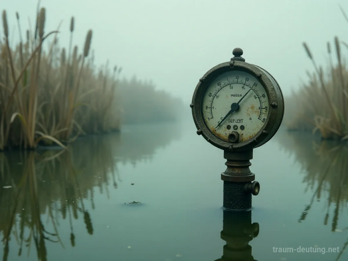 Traumsymbol Pegel: Ein alter Wasserpegel zeigt einen niedrigen Stand in trübem, nebelverhangenem Wasser mit Schilf.
