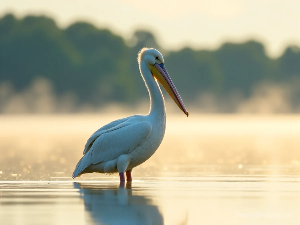 Traumsymbol Pelikan: Ein majestätischer weißer Pelikan steht friedlich auf einem ruhigen See im Morgengrauen, sanft von goldenem Licht beleuchtet.