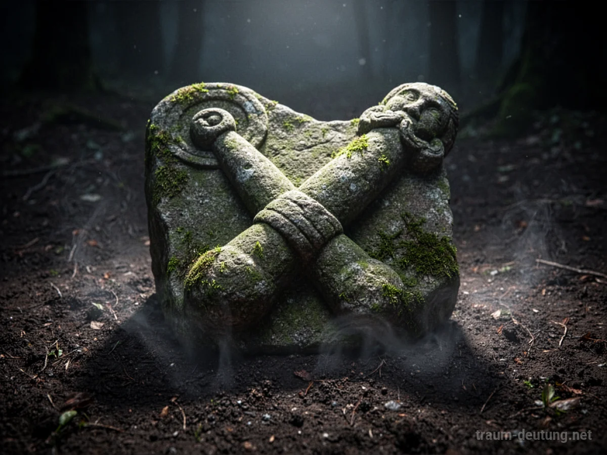 Traumsymbol Penis: Eine detaillierte Steinschnitzerei eines Phallus liegt auf dunkler Erde im Mondlicht.
