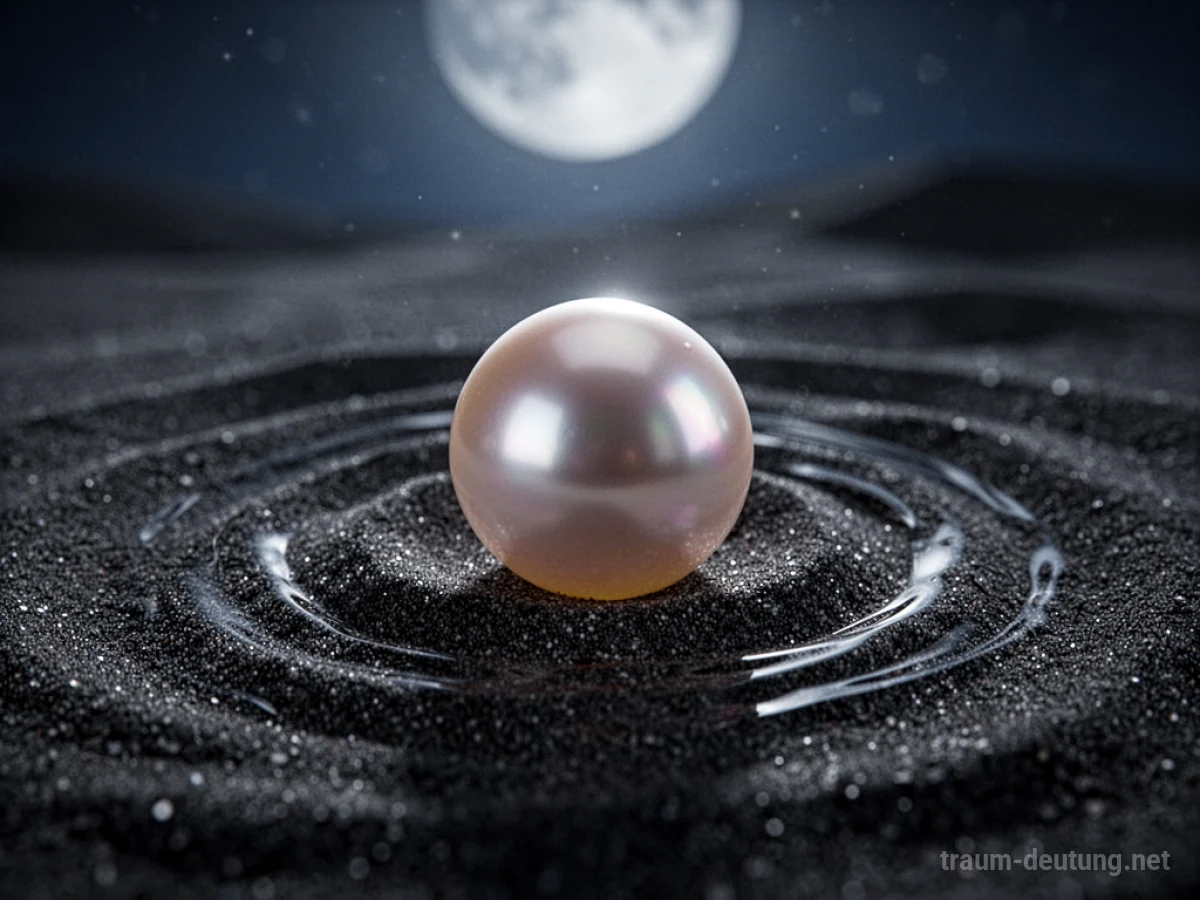 Traumsymbol Perle: Eine einzelne, perfekt runde, schimmernde Perle liegt auf dunklem, samtigem Sand, beleuchtet von sanftem Mondlicht.