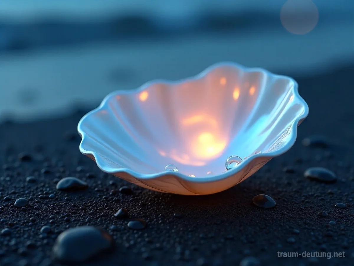 Traumsymbol Perlmutt: Eine schimmernde Perlmuttmuschel liegt auf feuchtem Sand, beleuchtet von sanftem Mondlicht, das ihre irisierenden Farben hervorhebt.