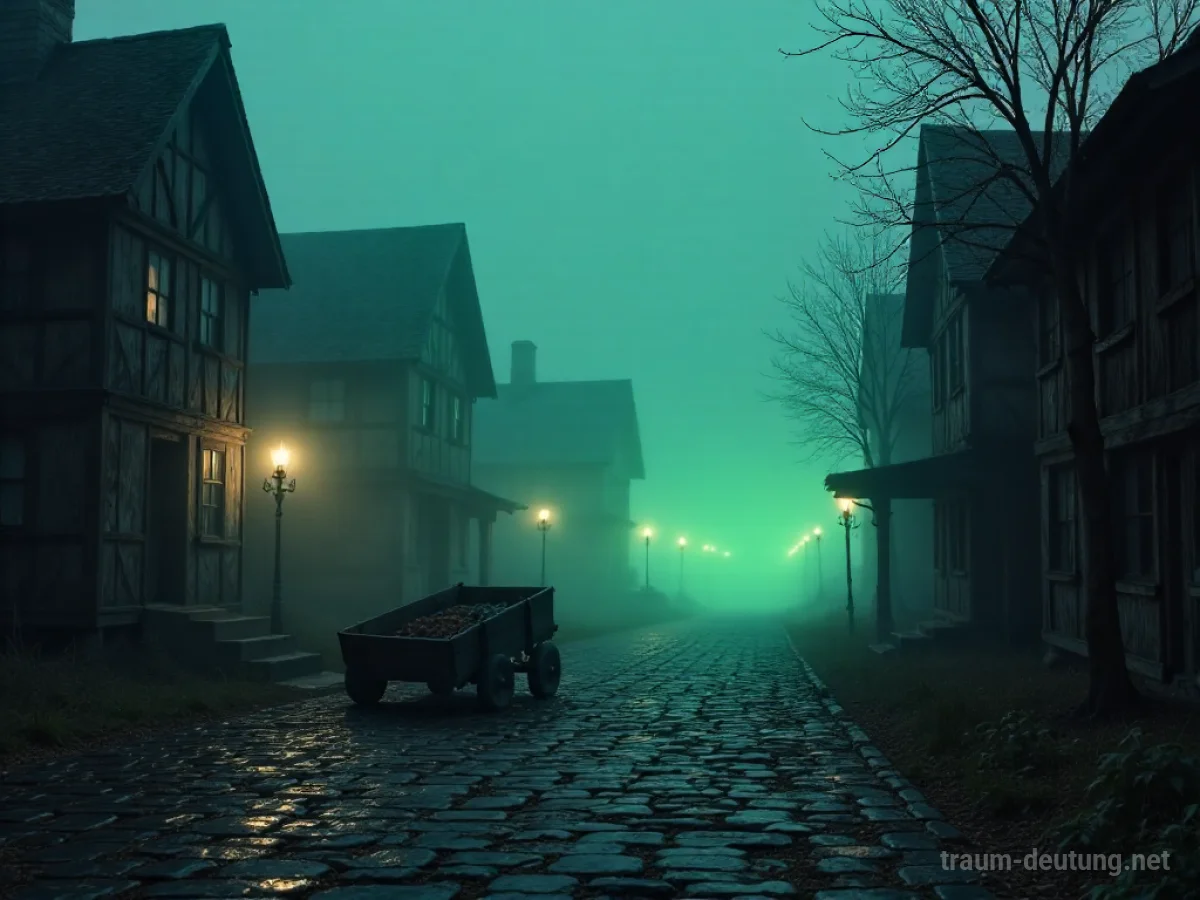Traumsymbol Pest: Eine verlassene mittelalterliche Dorfplatzszene in dichtem, unheimlichem Nebel bei Nacht, mit verfallenen Gebäuden und einem umgekippten Karren im Zentrum.