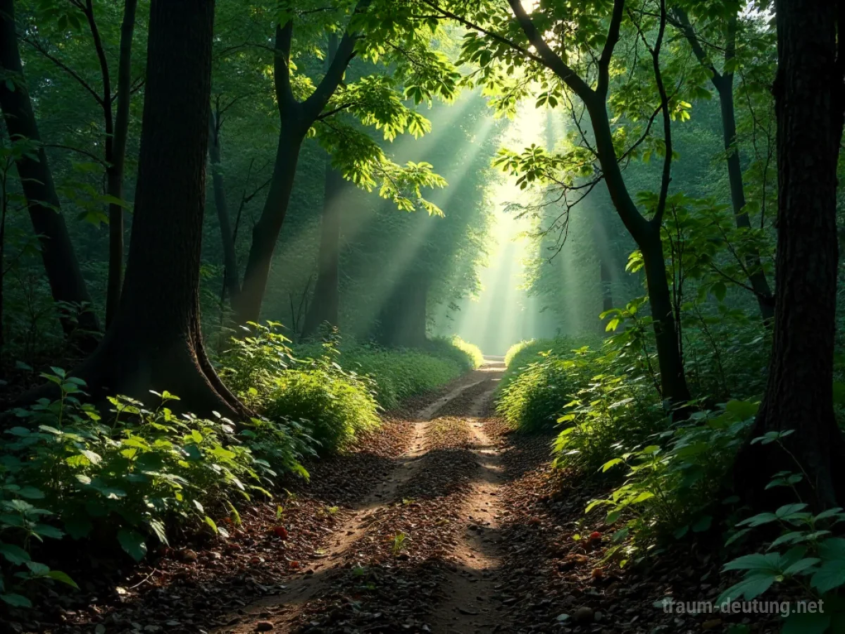 Traumsymbol Pfad: Ein gewundener Feldweg führt in einen dichten, alten Wald, durch dessen Blätterdach Sonnenlicht fällt.
