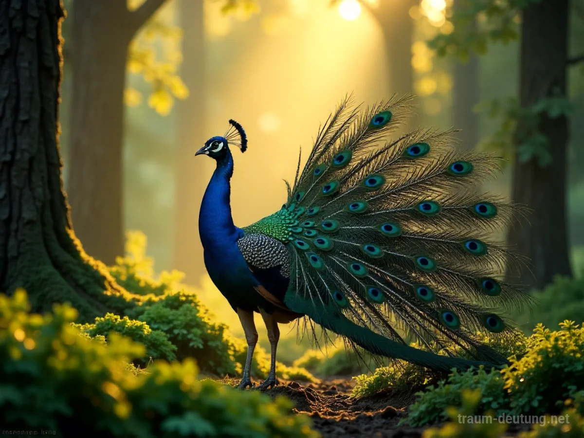 Traumsymbol Pfau: Ein prächtiger männlicher Pfau mit voll entfaltetem, schillerndem Rad steht in einer sonnenbeschienenen Waldlichtung.