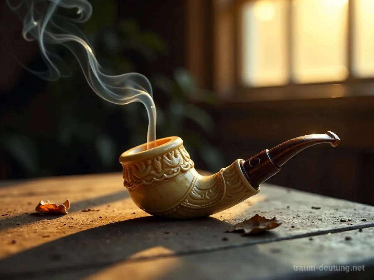 Traumdeutung Pfeifen: Eine antike Meerschaumpfeife mit feinen Schnitzereien liegt auf einem dunklen Holztisch, umgeben von leichtem Rauch im warmen Licht.