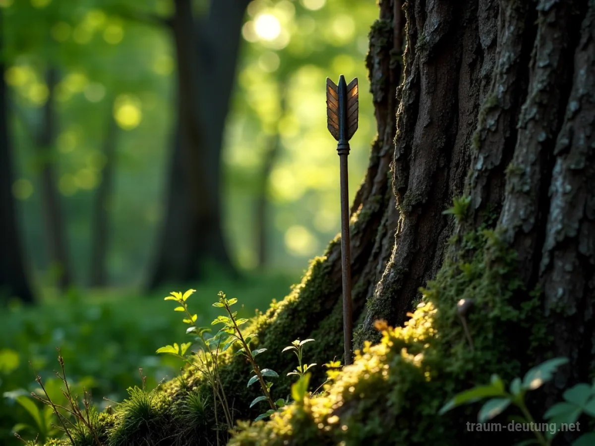 Traumsymbol Pfeil: Ein alter Holzpfeil mit Steinspitze steckt tief in der Rinde einer Eiche, beleuchtet von Sonnenstrahlen, die durch den Wald fallen.