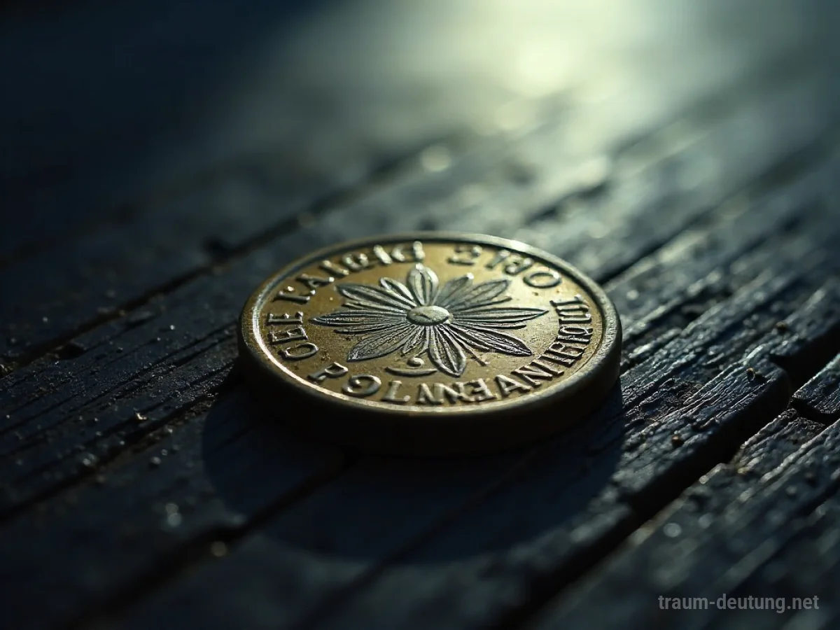 Traumsymbol Pfennig: Ein einzelner, angelaufener Pfennig liegt auf dunklem Holz im Mondlicht.