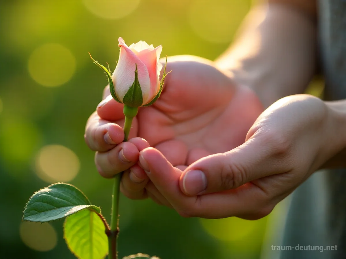 Traumsymbol Pflege: Sanfte Hände kümmern sich behutsam um eine zarte, sich entfaltende Rosenknospe im sanften Morgengrauen.