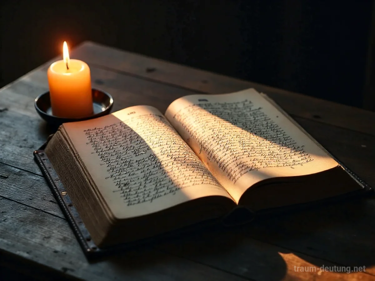 Traumsymbol Pflicht: Ein aufgeschlagenes, altes Buch liegt auf einem dunklen Holztisch, beleuchtet von Kerzenschein, was die Schwere der Verantwortung im Traum darstellt.
