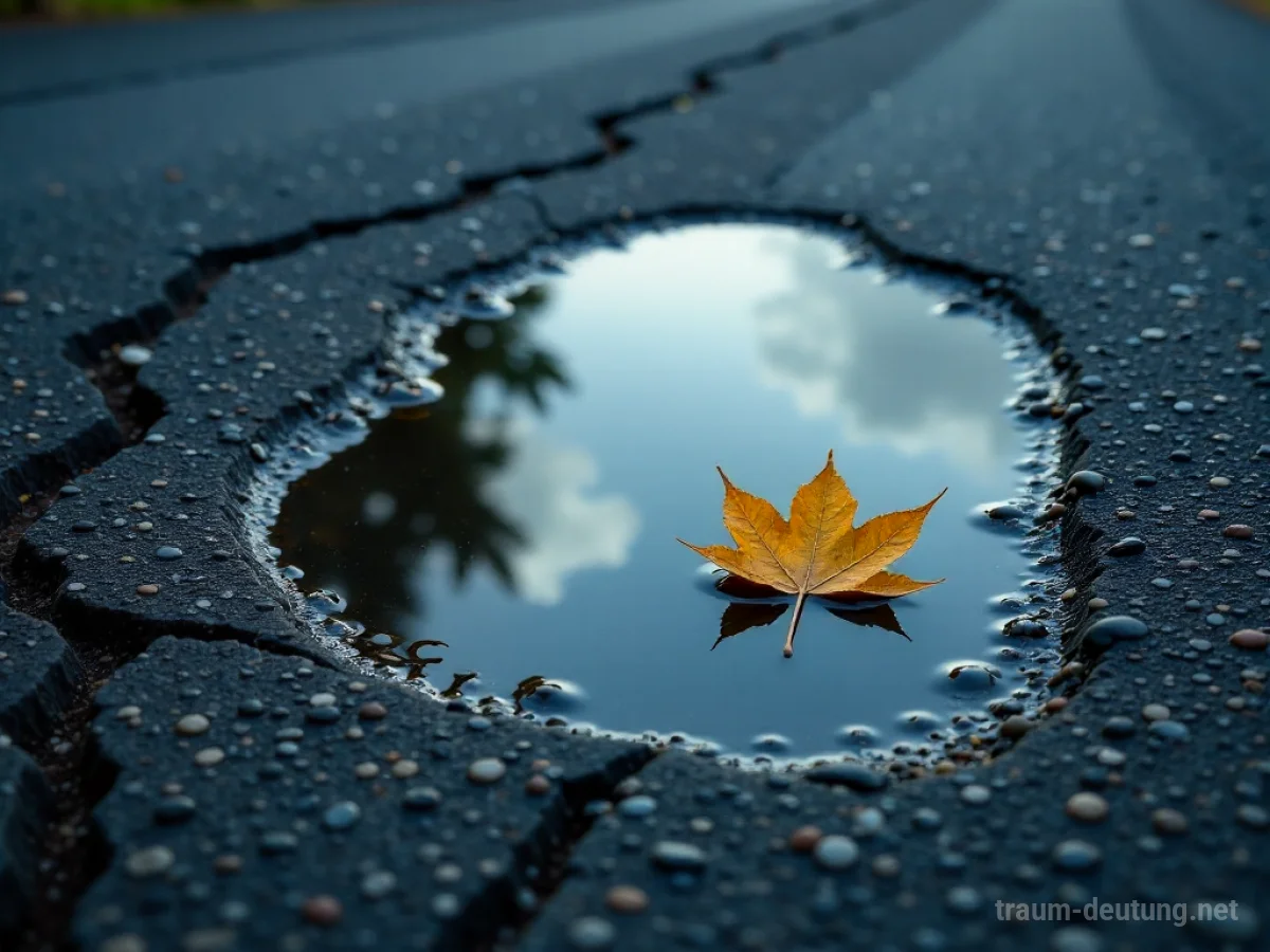 Traumsymbol Pfütze: Eine flache, stille Pfütze auf rissigem Asphalt spiegelt den grauen Himmel wider, ein einzelnes Herbstblatt treibt darauf.
