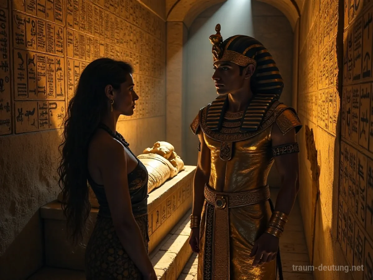 Traumsymbol Pharao: Ein majestätischer Pharao mit goldenem Nemes-Kopftuch und Uraeus-Kobra steht in einer düster beleuchteten Grabkammer mit Hieroglyphen.