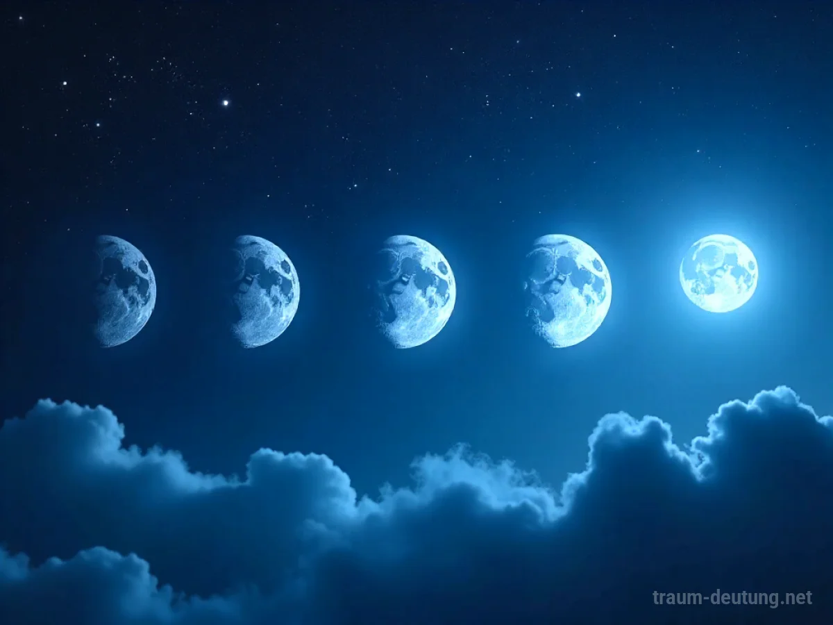 Traumdeutung Phase: Ein Spektrum von Mondphasen von Neumond bis Vollmond, schwebend in einem sternenklaren Nachthimmel mit leichtem Nebel.