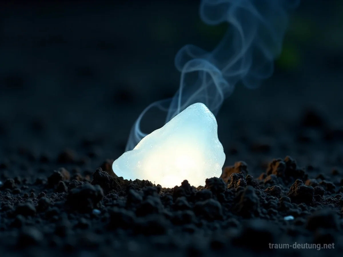 Traumsymbol Phosphor: Ein einzelner, glühender Phosphor-Splitter liegt auf dunkler Erde und strahlt intensives, unheimliches Licht aus.