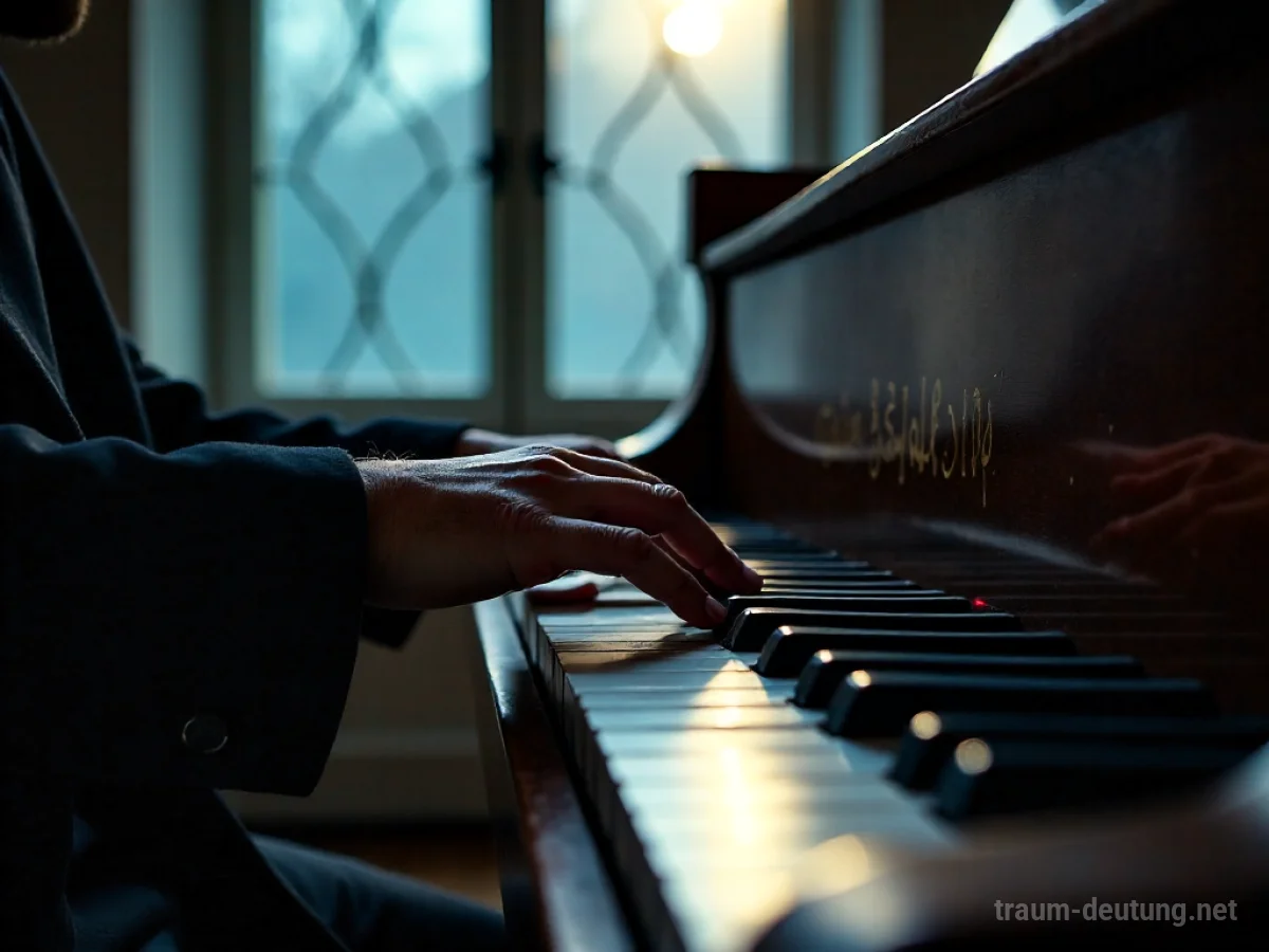 Traumdeutung Pianist: Hände spielen virtuos auf einem alten Flügel unter dramatischem Mondlicht, das durch ein Fenster fällt.