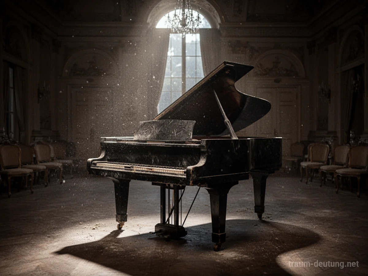 Traumdeutung Piano: Ein Flügel steht in einem schwach beleuchteten Ballsaal, im Mondlicht und Schatten, was auf innere Melodien und verborgene Emotionen hindeutet.