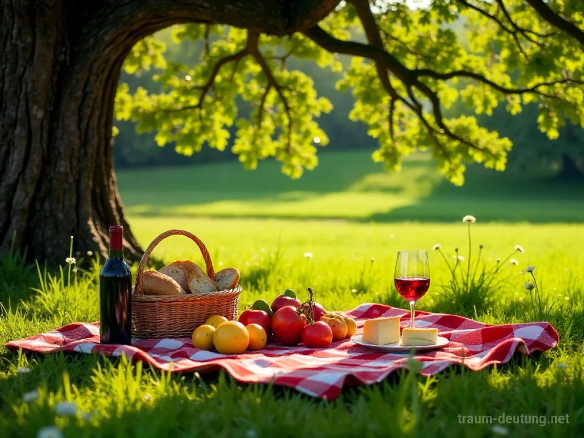 Traumdeutung Picknick: Eine idyllische Picknickszene auf einer sonnenbeschienenen Wiese mit Obst, Brot und Wein unter einem alten Baum.
