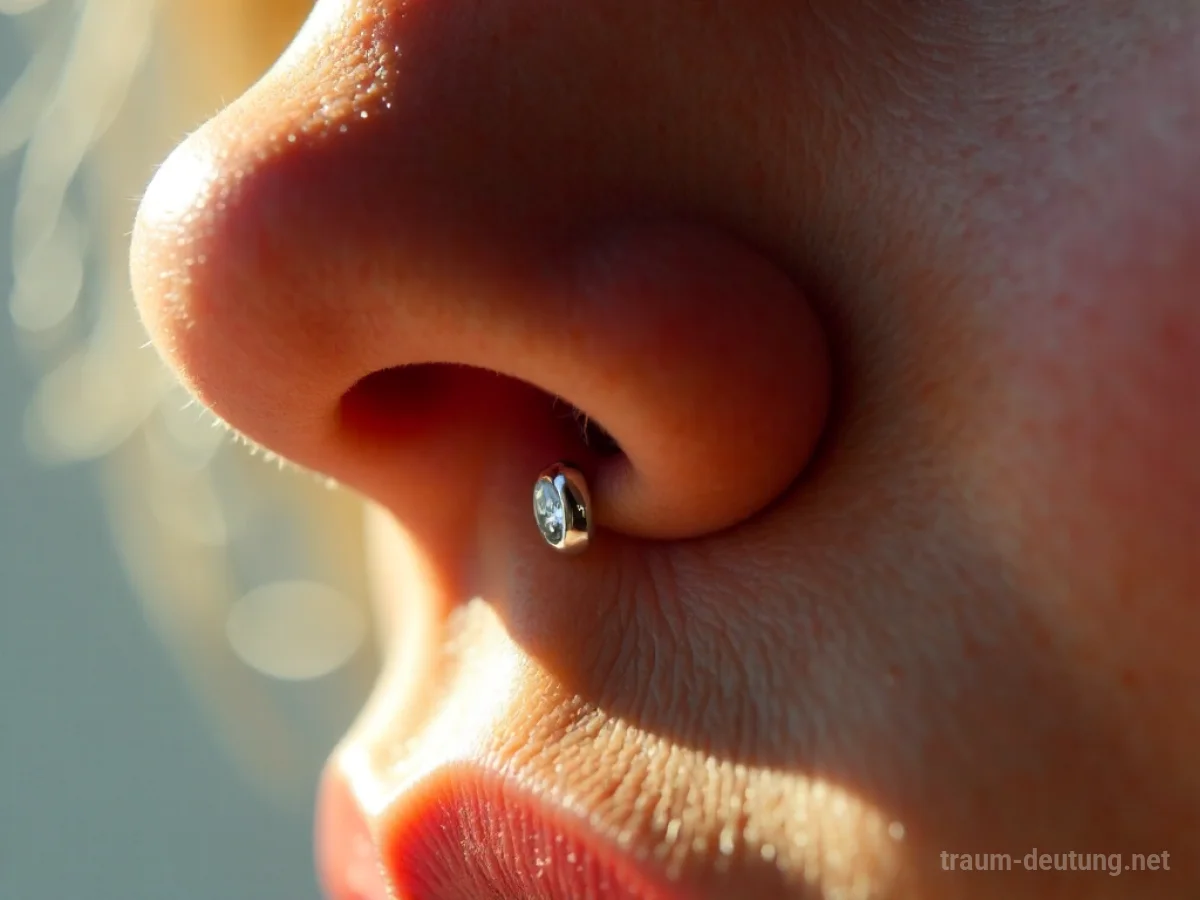 Traumdeutung Piercing: Ein silbernes Septum-Piercing glänzt unter sanftem Studiolicht, die Haut ist detailreich und der Hintergrund unscharf.