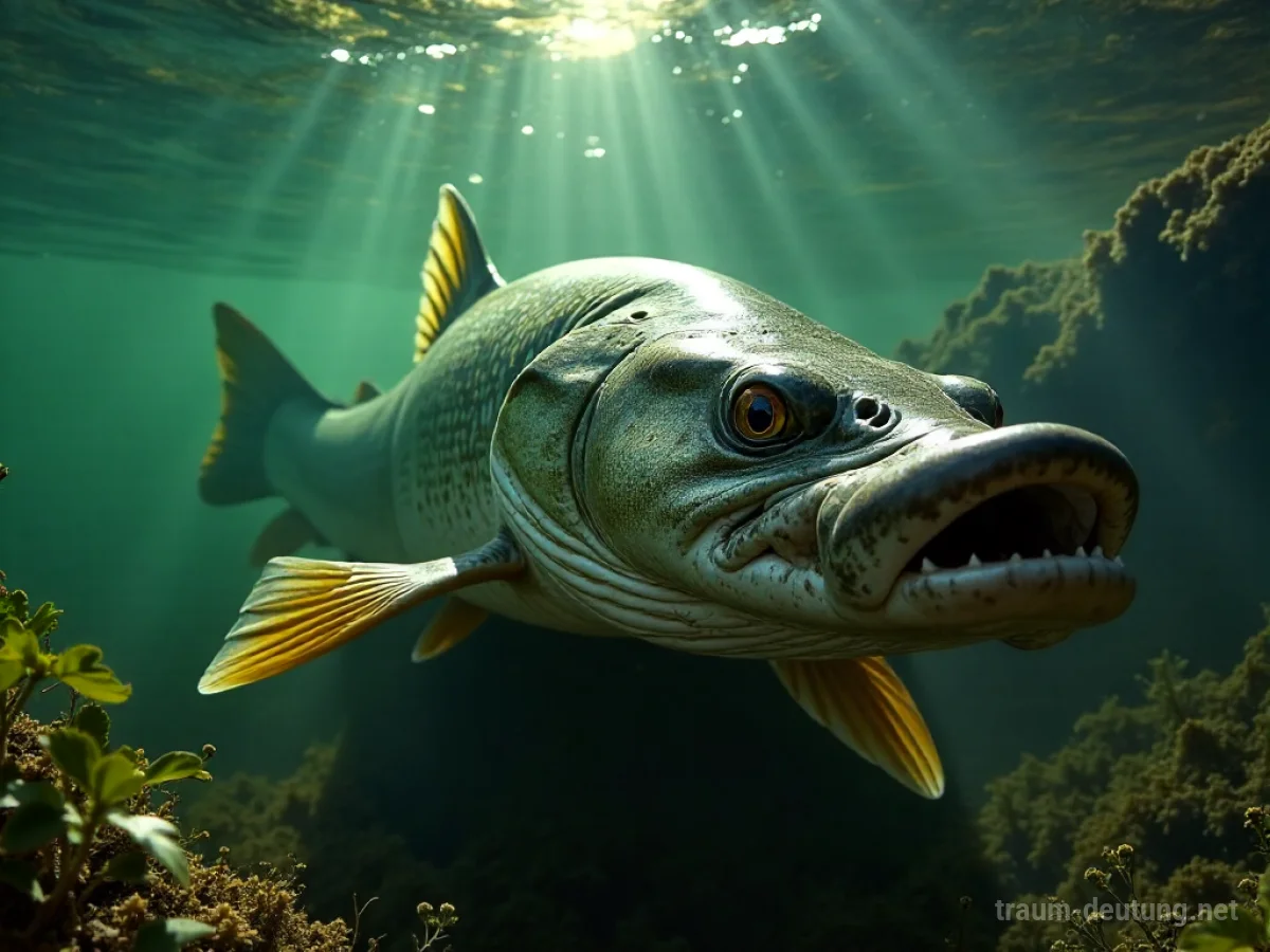 Traumsymbol Pike: Ein großer Hecht mit scharfen Zähnen lauert im trüben, dunklen Wasser, während Sonnenstrahlen durch die Oberfläche dringen.