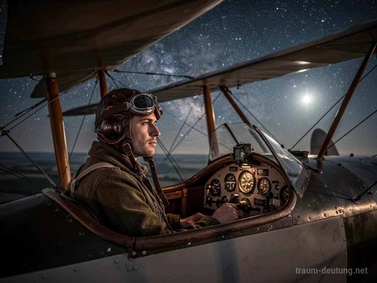 Traumdeutung Pilot: Ein Pilot in Lederhaube sitzt nachdenklich im Cockpit eines Oldtimer-Doppeldeckers unter einem sternenklaren Nachthimmel, beleuchtet von Mondlicht.