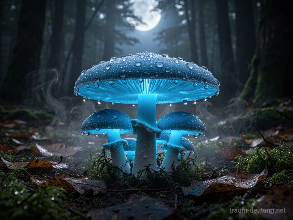 Traumsymbol Pilz: Ein biolumineszierender Pilz wächst im Dunkeln eines Waldes, beleuchtet von Mondlicht und eigenem Schein.