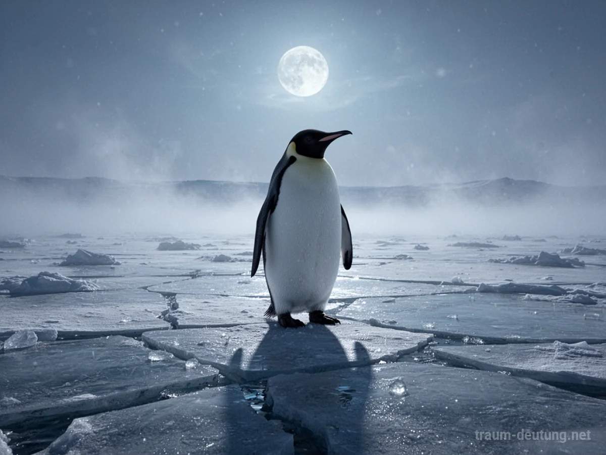 Traumsymbol Pinguin: Ein einzelner Kaiserpinguin steht allein auf einer riesigen, zerklüfteten Eisscholle unter kühlem Mondlicht, umgeben von Nebelschwaden.