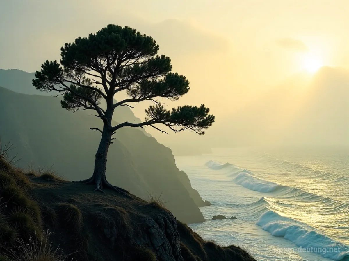 Traumdeutung Pinie: Eine majestätische Pinie auf einer windgepeitschten Klippe bei Sonnenaufgang über einem nebligen Meer.