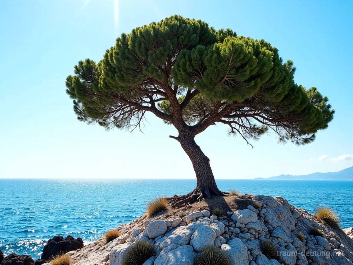 Traumsymbol Pinien: Ein majestätischer Pinienbaum auf einer sonnenbeschienenen felsigen Küste unter klarem Himmel mit tiefblauem Meer im Hintergrund.