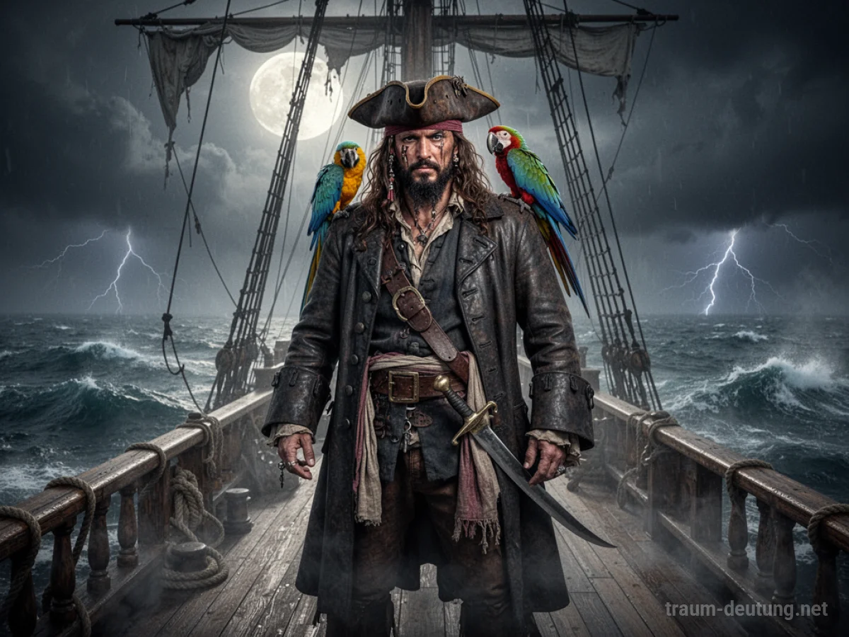 Traumdeutung Pirat: Ein wettergegerbter Piratenkapitän steht auf dem Deck eines hölzernen Schiffes im Mondlicht, während ein Sturm aufzieht.