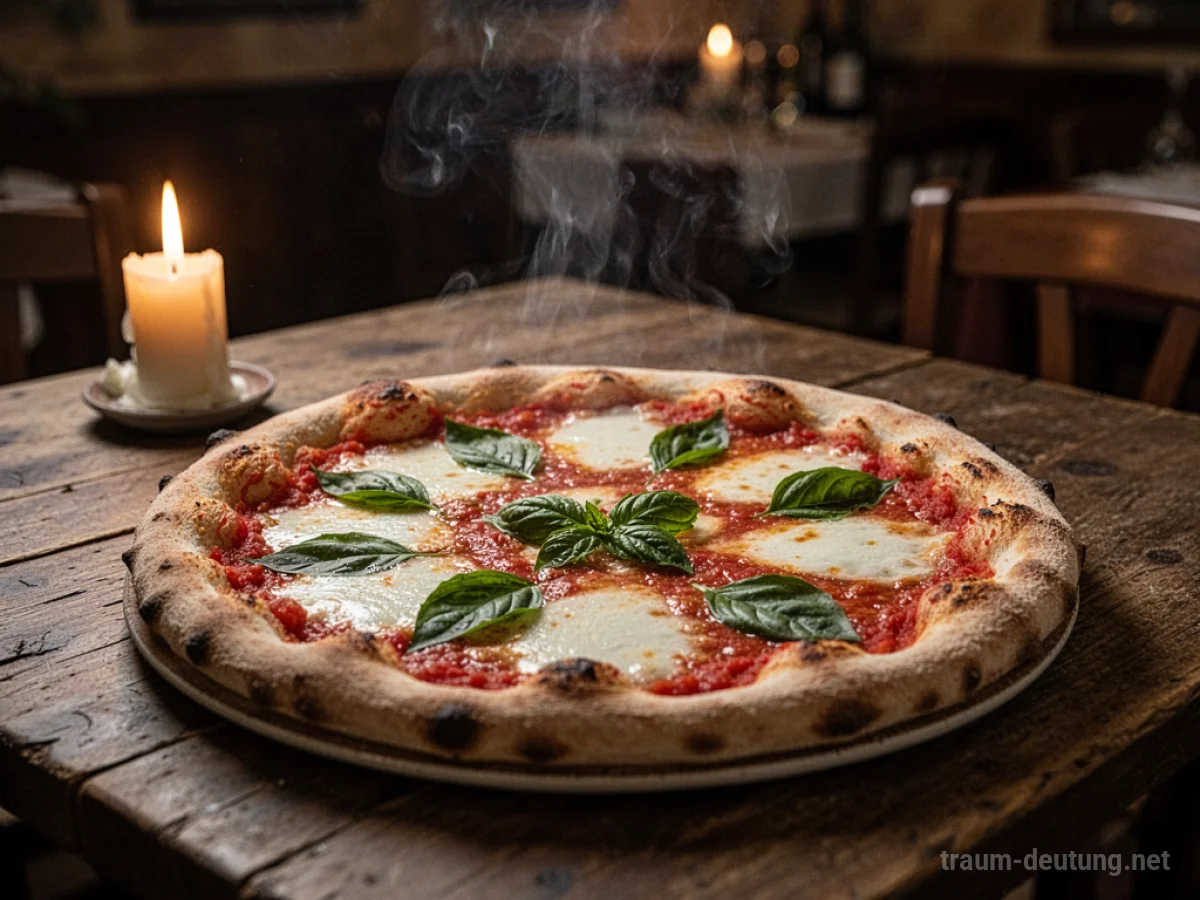 Traumsymbol Pizza: Eine dampfende, frisch gebackene Pizza mit geschmolzenem Käse und Basilikum steht auf einem rustikalen Holztisch in einer gemütlichen, schwach beleuchteten Trattoria.