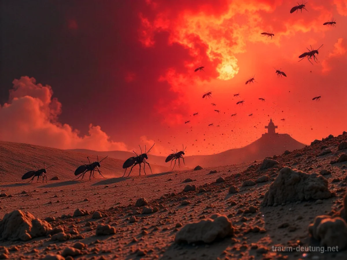 Traumsymbol Plage: Ein Schwarm Heuschrecken fällt auf eine desolate, trockene Erde unter einem stürmischen Himmel, was überwältigende Belastungen symbolisiert.