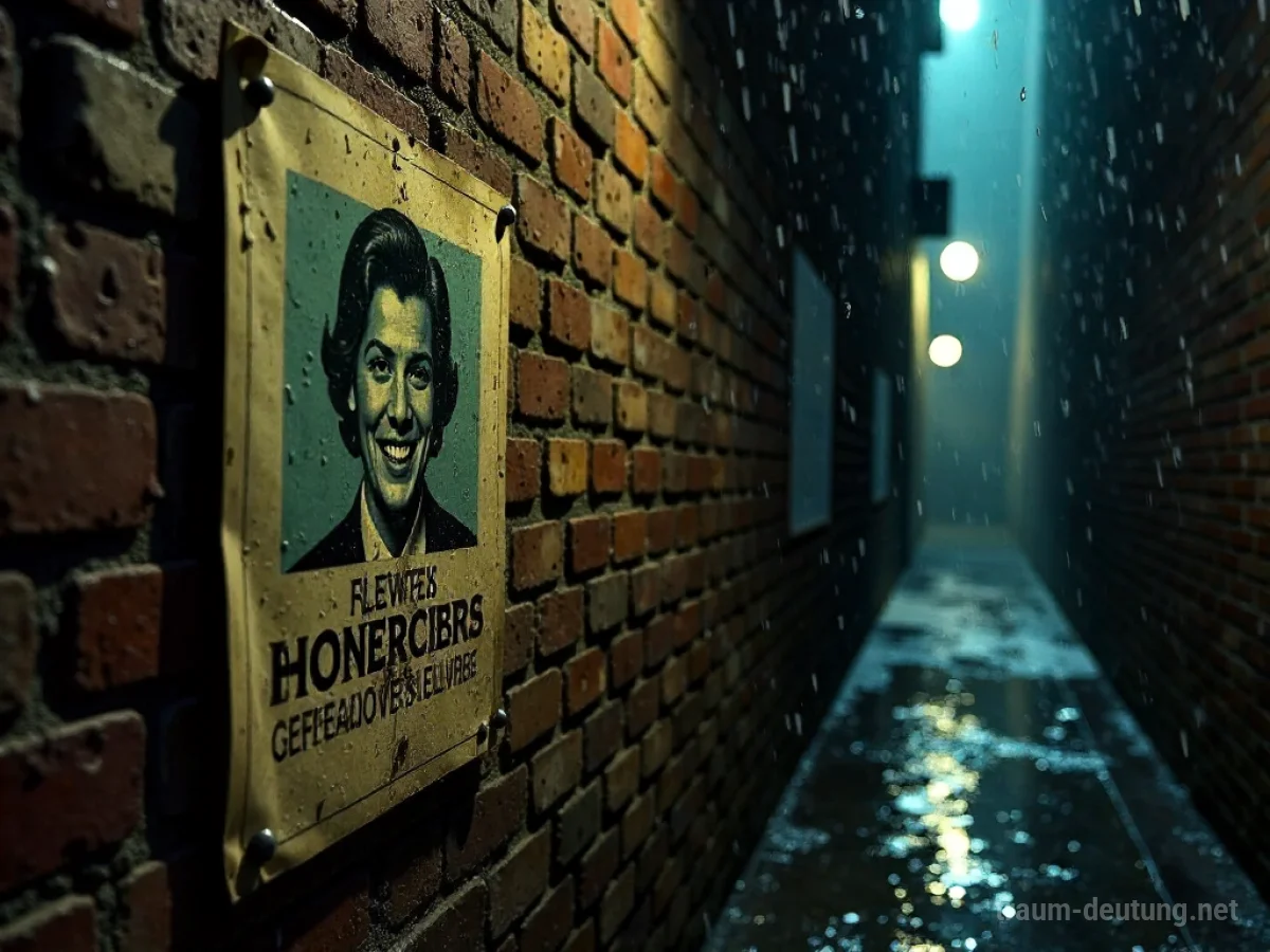 Traumsymbol Plakat: Ein verwittertes Vintage-Werbeplakat haftet an einer bröckelnden Ziegelmauer in einer schlecht beleuchteten, regennassen Gasse mit einem verblassten Bild einer lächelnden Figur.