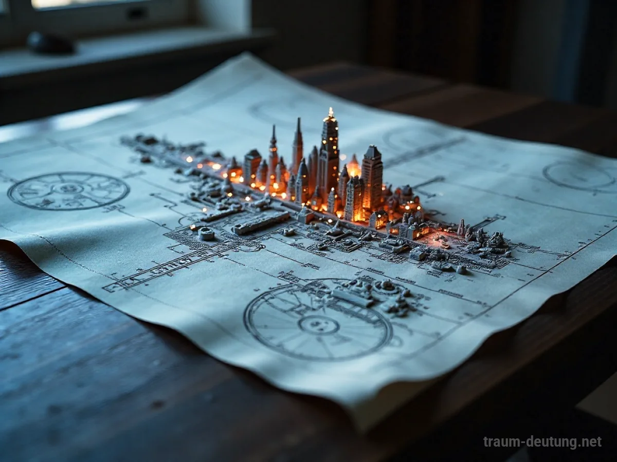 Traumsymbol Plan: Ein detaillierter, schematischer Bauplan einer Stadt liegt auf einem dunklen Holztisch, beleuchtet von sanftem Mondlicht mit leuchtenden Markierungen.