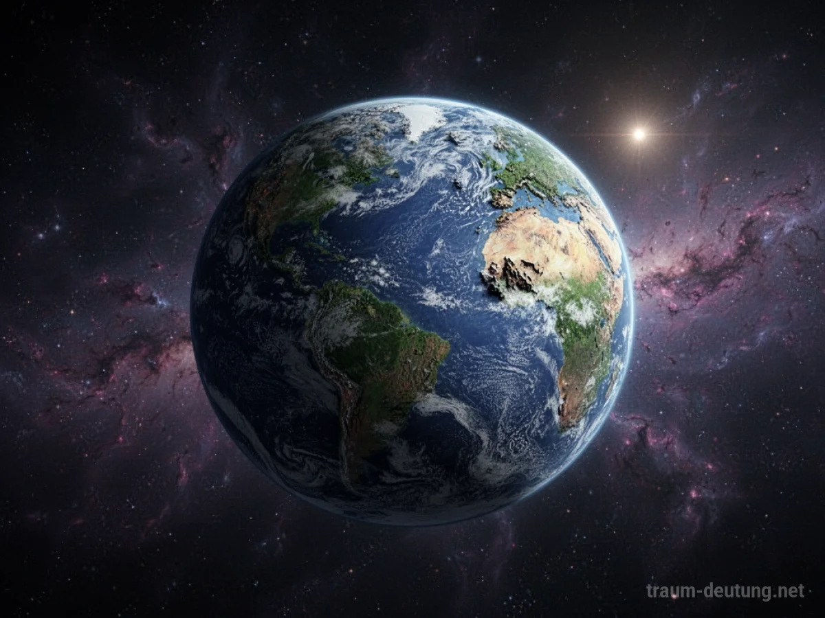 Traumsymbol Planet: Ein majestätischer, detaillierter Planet im Weltraum, beleuchtet von einem hellen Stern, mit diffusen Nebeln im Hintergrund.