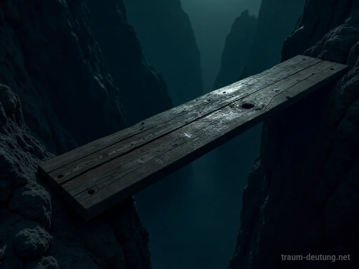 Traumdeutung Planke: Eine verwitterte Holzplanke balanciert über einem dunklen Abgrund im Mondlicht.