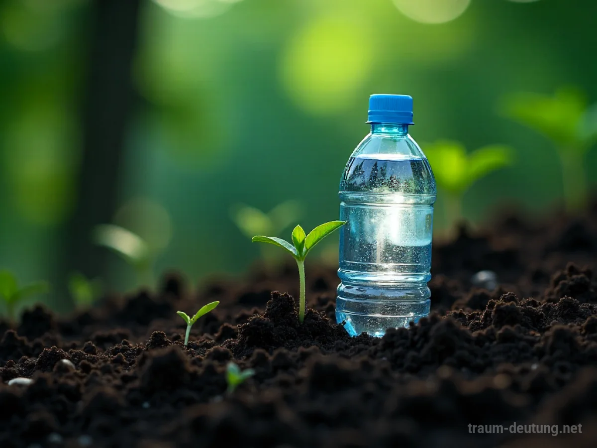 Traumsymbol Plastik: Eine leicht abgenutzte Plastikwasserflasche liegt halb im dunklen, feuchten Erdreich vergraben, während zarte grüne Triebe durchscheinen.