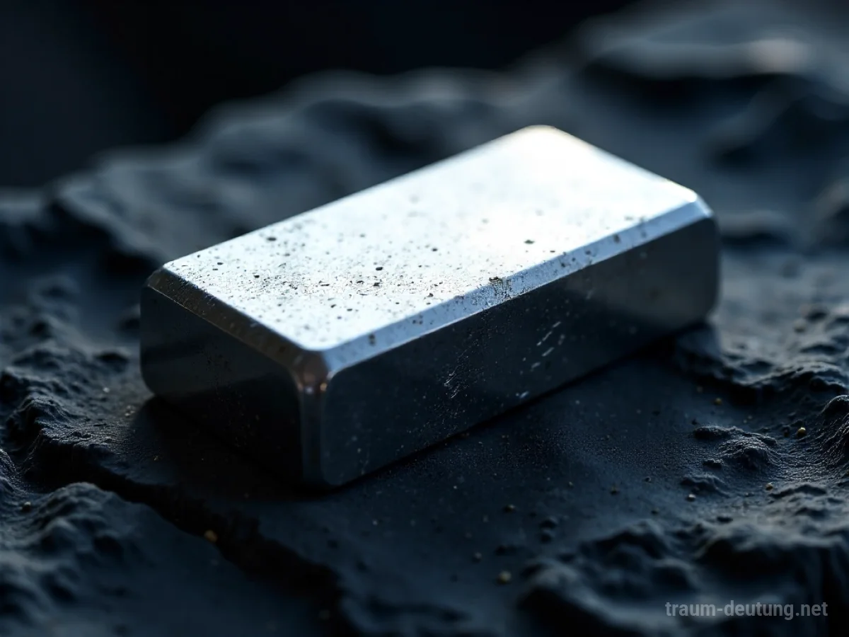 Traumsymbol Platin: Ein polierter Platinbarren ruht auf dunklem Obsidian, beleuchtet von sanftem Mondlicht, das subtile Reflexionen erzeugt.