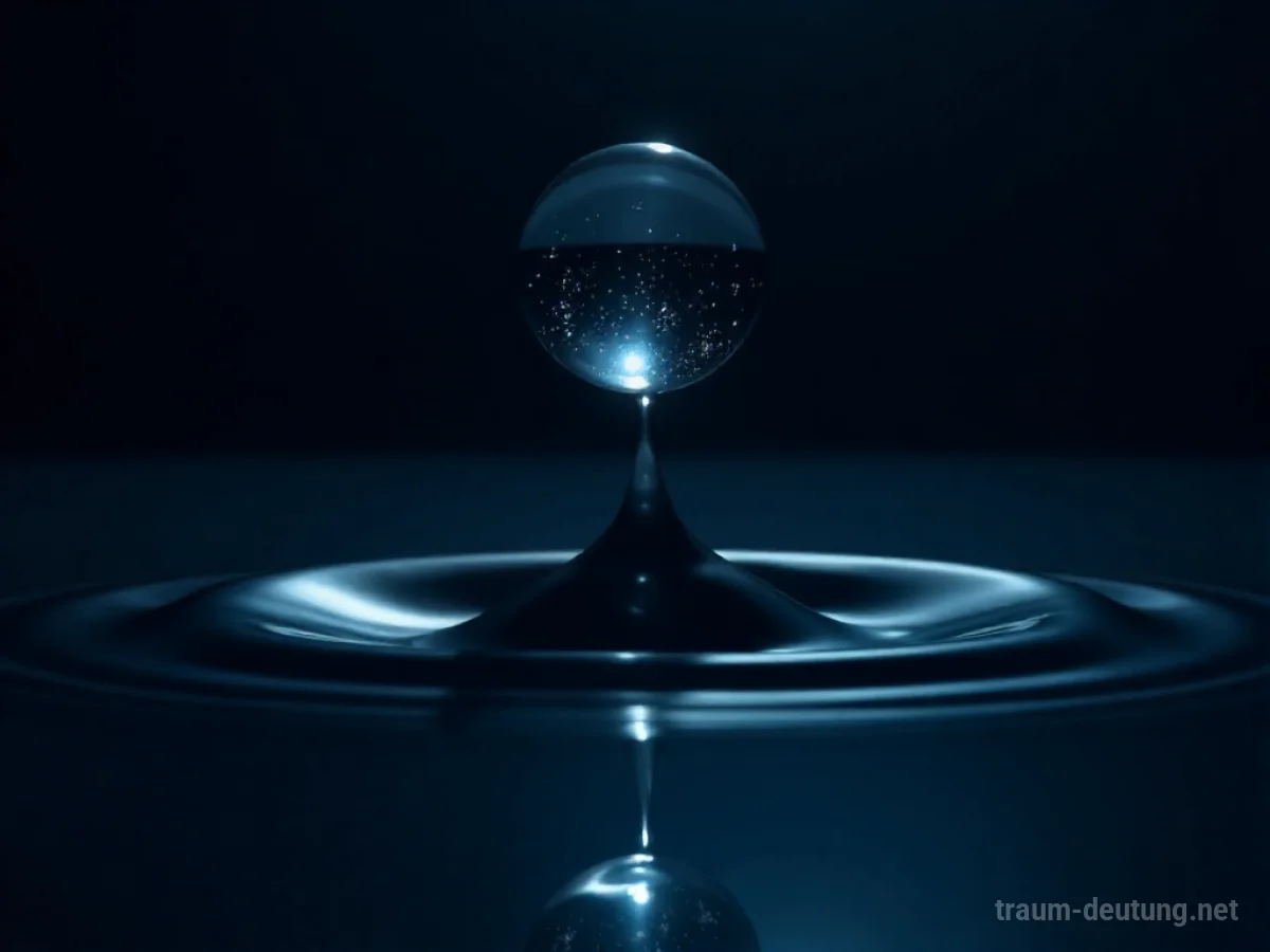 Traumsymbol Platsch: Eine einzelne, schwebende Wassertropfen kurz vor dem Aufprall auf einer spiegelglatten Wasseroberfläche, beleuchtet von dramatischem, filmischem Licht.