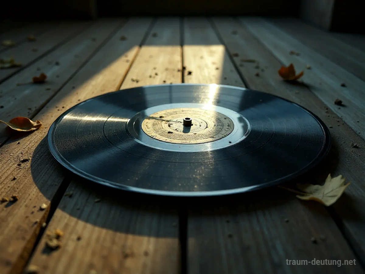 Traumdeutung Platte: Eine rissige, verwitterte Vinyl-Schallplatte liegt auf einem staubigen, schwach beleuchteten Holzboden mit vereinzelten trockenen Blättern.