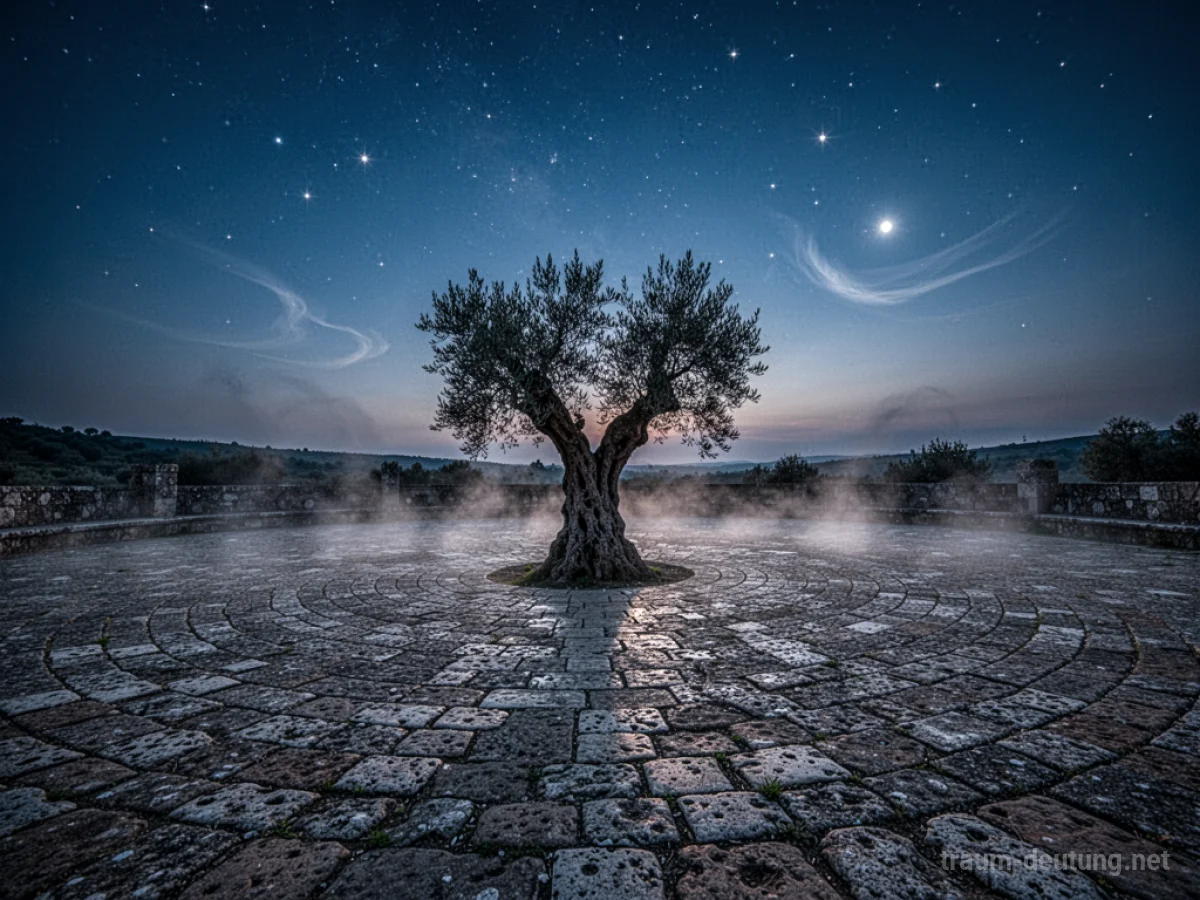 Traumsymbol Platz: Ein weiter, leerer Steinkreisplatz im Mondlicht mit einem einsamen Olivenbaum im Zentrum und leichtem Nebel über dem Boden.