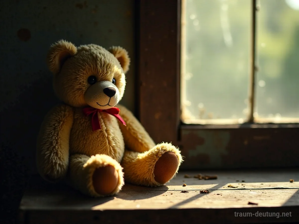 Traumsymbol Plüsch: Ein abgenutzter Teddybär sitzt auf einem staubigen Holzregal im sanften Licht, das eine nostalgische Atmosphäre schafft.