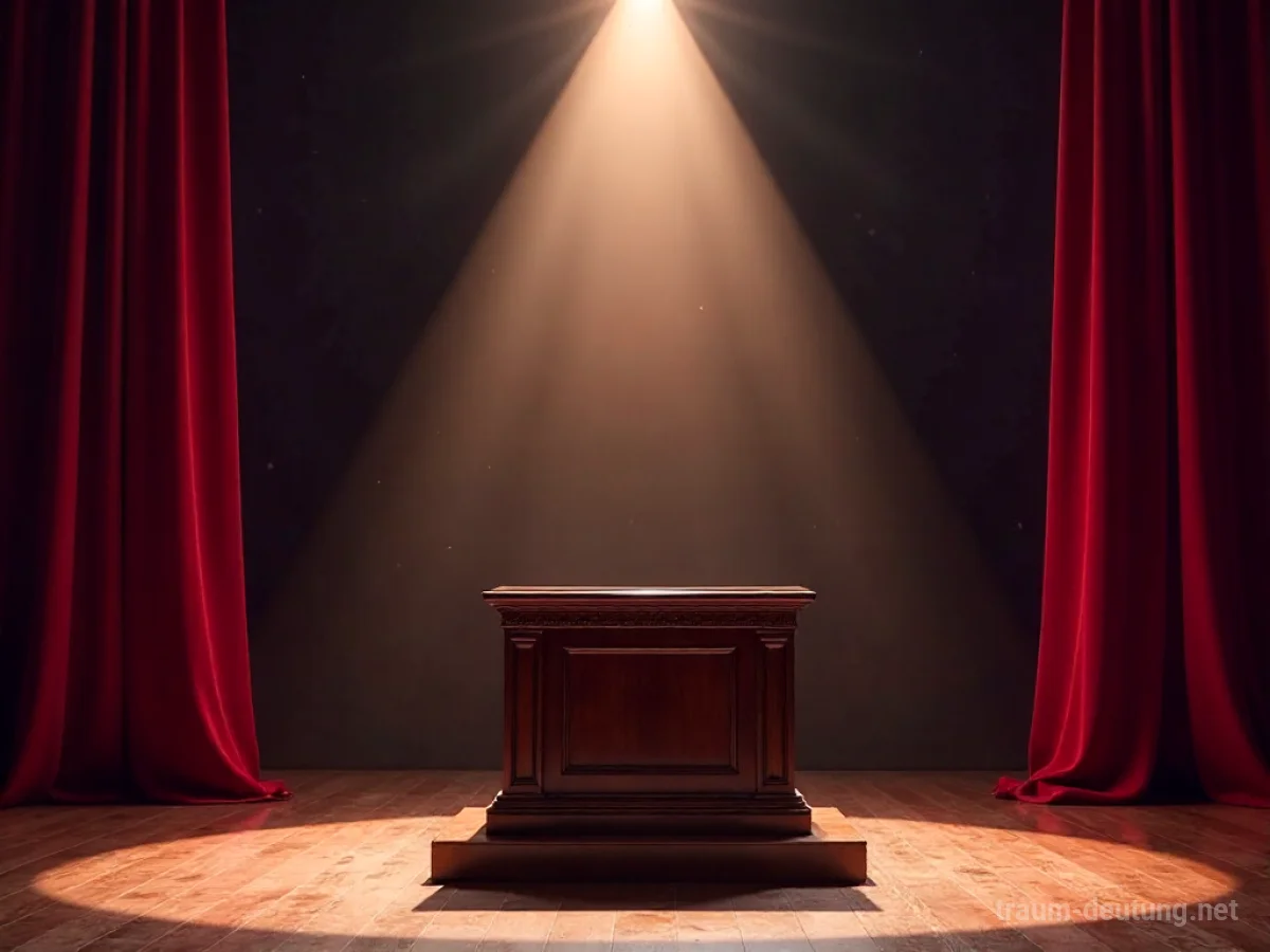 Traumsymbol Podium: Ein leeres, verziertes Holzpodium steht auf einer schwach beleuchteten Bühne im Scheinwerferlicht vor einem roten Vorhang.
