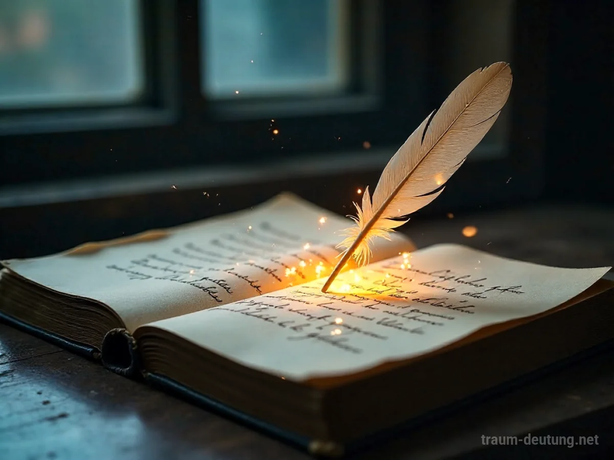 Traumsymbol Poesie: Eine alte Federkiel liegt auf einem ledergebundenen Buch, aus dem leuchtende Schrift aufsteigt, beleuchtet von sanftem Mondlicht.