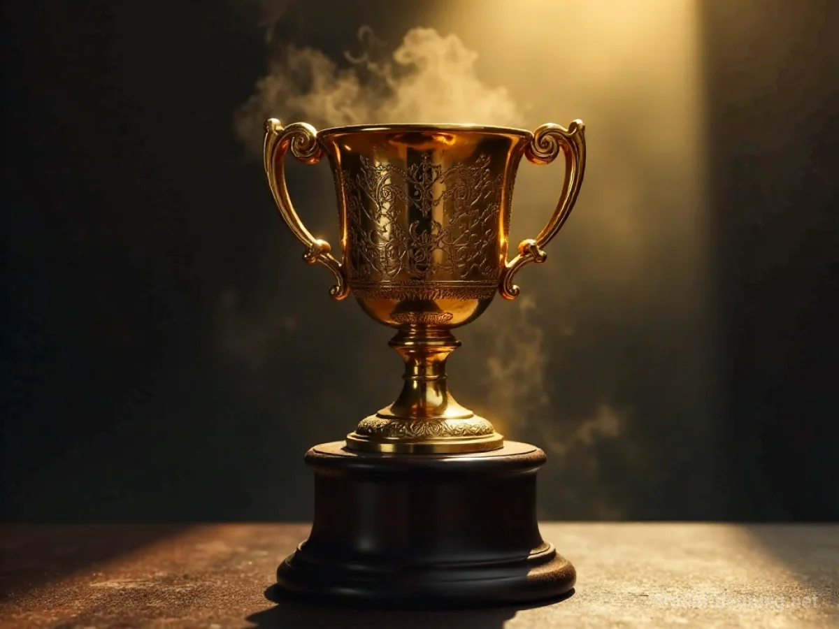 Traumsymbol Pokal: Ein glänzender, verzierter goldener Pokal steht auf einem dunklen Holzsockel, beleuchtet von diffusen Lichtstrahlen in einer nebligen Atmosphäre.
