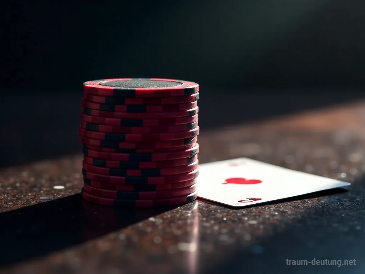 Traumsymbol Poker: Ein Stapel glänzender roter und schwarzer Pokerchips liegt auf einem dunklen Holztisch, daneben eine Spielkarte, im dramatischen Licht.