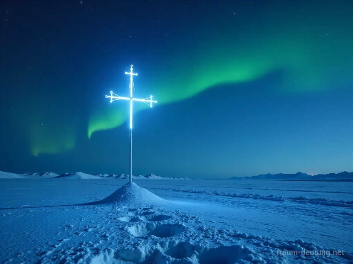 Traumsymbol Pol: Ein leuchtender Nordpol-Magnet erhebt sich auf einer eisigen Tundra unter einem sternenklaren Himmel mit schwachen Nordlichtern.